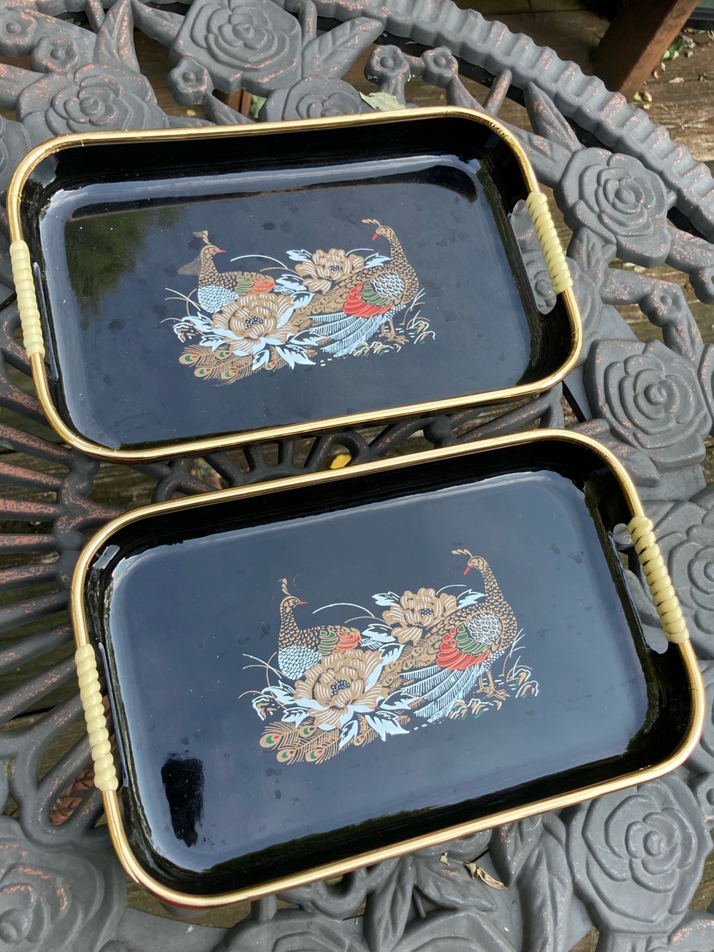 Vintage Pair Black Peacock Floral Trays Gold Trim Chinoiserie Decor 10”